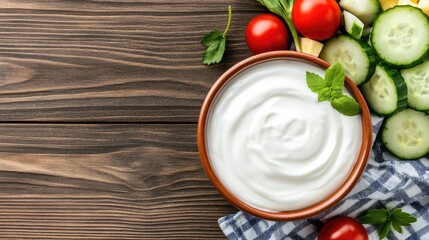 Wall Mural - A rustic wooden table features a bowl of yogurt garnished with fresh cucumber, lettuce, and cherry tomatoes, creating a colorful and inviting food arrangement