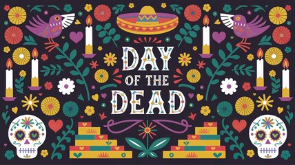 Day of the Dead (Día de los Muertos) Mexican elements like sugar skulls, candles, marigold flowers, and a sombrero