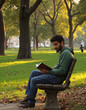 © Dolgren - Young Man on Park Bench, Enjoying nature, tranquility and solitude, urban green space, serene outdoor scene, everyday life moments, casual leisure time.