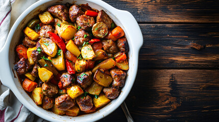 Wall Mural - Delicious sausage casserole with potatoes, peppers, carrots, and herbs, presented in a white baking dish on a rustic wooden table