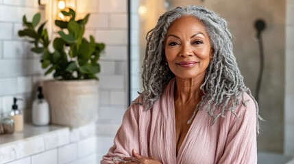 confident african american woman with gray hair in a pink robe, standing in a stylish bathroom with 