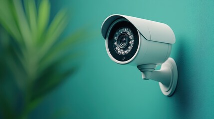 A modern security surveillance camera is mounted on a teal wall, offering a sense of safety and monitoring for home or business.