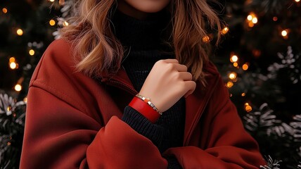 Stylish woman in a cozy outfit showcases elegant bracelet against a festive backdrop of holiday lights.