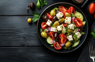 Poster - Greek Salad on a Black Background