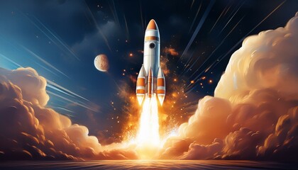 Poster - Illustration of a rocket taking off into space, sparks, smoke, smog. AI