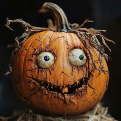 Poster - Halloween pumpkin with a quirky face displayed outdoors in autumn