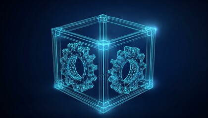 Wall Mural - Isolated modern illustration of abstract box with cog wheels, low poly style. Geometric background. Wireframe light connection structure. Modern 3D graphic concept.