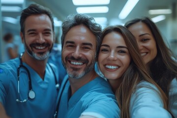 Healthcare, portrait and selfie by doctors at hospital, happy and proud, smile and bond on blurred background. Face, diversity and group pose for photo, profile picture or website home, Generative AI