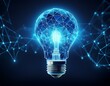 © Arber - Low poly style design with a glowing blue light bulb. Abstract geometric background with wireframe light connection structure. Isolated modern illustration with a modern 3d graphic concept.
