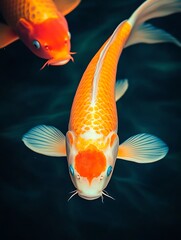 Two Koi fish swimming in a pond, one with a red and white pattern and the other with an orange and white pattern.