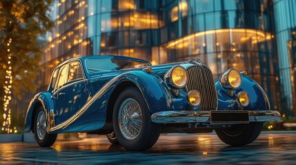 Vintage car parked in front of a modern glass skyscraper