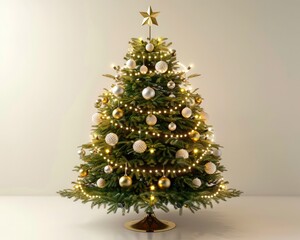 Wall Mural - A beautifully decorated Christmas tree with twinkling lights, shiny ornaments, and a golden star on top, isolated on a clean white background for a festive look.