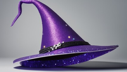 A purple witch's hat with black band glittery stars and pointed top on a neutral background.