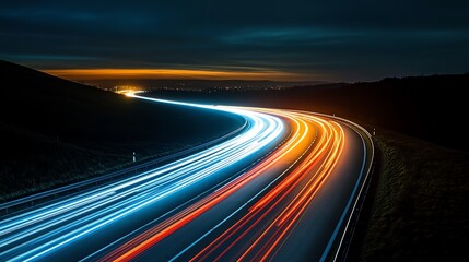 A highway at night with headlights streaking by, dynamic and fastpaced, modern photography style, isolated on white background