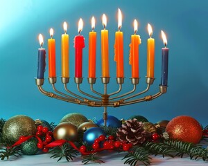 Wall Mural - A beautifully lit menorah with candles glowing, surrounded by holiday decorations, isolated on a clean white background, symbolizing Hanukkah celebration.