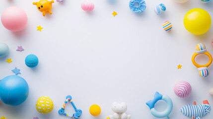 Frame of colorful baby toys on white background. Flat lay, top view. New baby birth celebration background.
