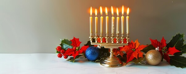 Wall Mural - A beautifully lit menorah with candles glowing, surrounded by holiday decorations, isolated on a clean white background, symbolizing Hanukkah celebration.