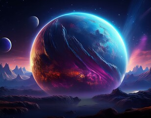 Wall Mural - Planet Earth-type, exo-planet in outer space, alien planet in far space. fantasy landscape, galaxy, unknown planet, neon space galaxy portal. 3d illustration.