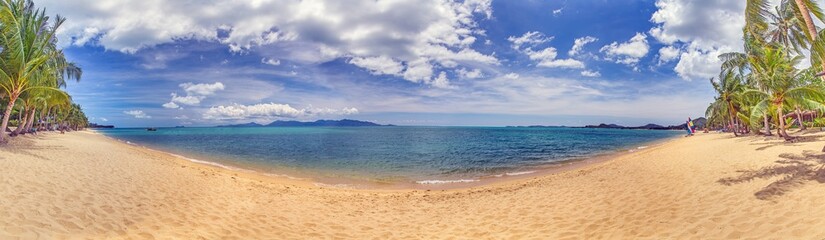 Panoramic picture of a deserted, palm-covered, tropical sandy beach