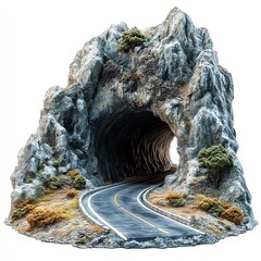 A road with a tunnel carved through a mountain, dramatic and adventurous, isolated on white background