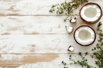 Wall Mural - Coconut halves and sprigs of thyme on a white wooden background.