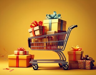 Shopping cart with gift boxes, isolated on yellow background