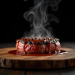 Steak, clean and realistic, with steaming hot peppercorn sauce on top and dripping off the side, placed on a rustic wood floor with a dark background.