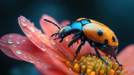 Wall Mural - A vibrant beetle perched on a flower, glistening with dew.