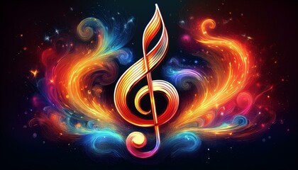 Wall Mural - Symphony of Color A vibrant treble clef, ablaze with fiery hues, ignites the night, capturing the soul of music in a radiant spectacle.