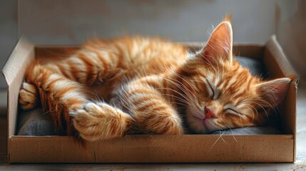 Wall Mural - Cozy Cat Nap in Cardboard Box: Isometric Vector Illustration of Everyday Pet Life