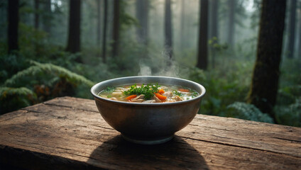 Steaming bowl of chicken soup with herbs, placed on a wooden table in a dense, misty forest setting.