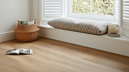 This tranquil window seat features white shutters and a light grey cushion, creating a calming space with abundant natural light in a minimalist home