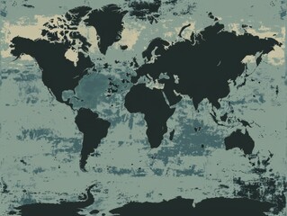 Wall Mural - a black and white world map with a blue ocean. the map is very detailed and shows the continents and