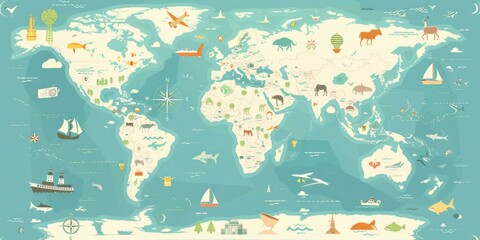 Wall Mural - a colorful map of the world with various animals and boats. the map is a representation of the world