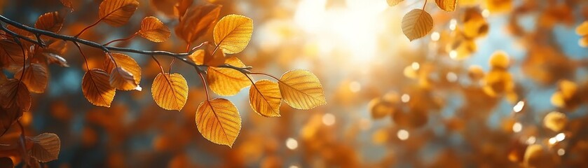 Golden autumn leaves creating a natural tapestry, sunlight filtering through trees, serene scene