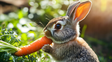 Adorable Rabbit Nibbling on Carrot in Lush Green Garden Environment