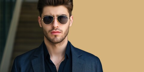 Young handsome man wearing sunglasses and fashion blazer. Serious expression on his face. Elegant gentleman looking straight at the camera with trustful eyes. Simple and natural pose.