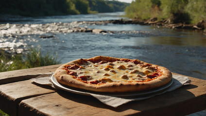 Hot, freshly baked pizza with melted cheese and smoke wafting up, on a picnic table by a gently flowing river.