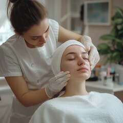 Autumn Skincare Ritual: Professional Beautician Applies White Clay Mask on Young Woman's Face in Spa. Top View of Luxurious Facial Treatment with Copy Space, Perfect for Beauty Salon Marketing, UI Des