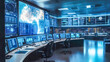 © alisluch - High-tech control room with multiple monitors displaying data, maps, and analytics, symbolizing surveillance, technology, and security operations