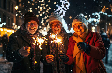 Wall Mural - A group of friends, two couples and an elderly couple, dressed in winter , stand outside on the street holding sparklers during the Christmas season.