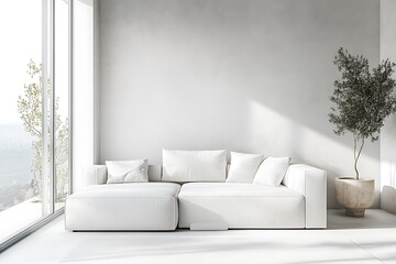 Minimalist and serene living room with a pure white sofa and minimal decor