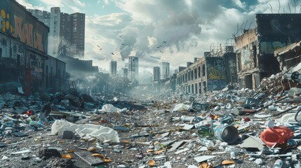 A desolate urban landscape filled with debris, showcasing the impact of pollution and neglect in a once-thriving city.