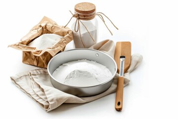 A pan of flour beside a bottle of flour and a wooden spatula