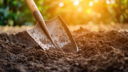 Wall Mural - Digging with Shovel in Soil, Capturing the Essence of Physical Work in Construction