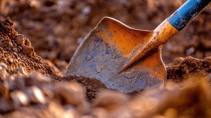 Wall Mural - Digging with Shovel in Soil, Capturing the Essence of Physical Work in Construction