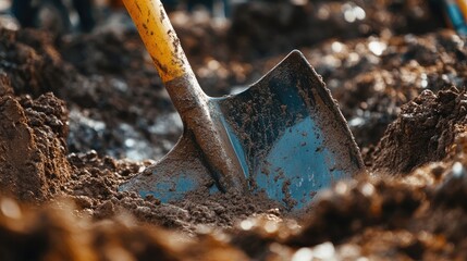 Wall Mural - Digging with Shovel in Soil, Capturing the Essence of Physical Work in Construction