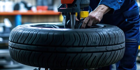 Close-up of hands servicing car tire in workshop