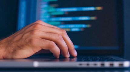 Close-up of a hand coding on a laptop keyboard, focusing on the process of software development in a modern tech environment.
