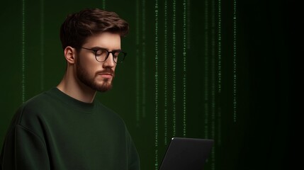 A cybersecurity expert wearing glasses, focused on a laptop with a green digital code background, representing data protection and network security.